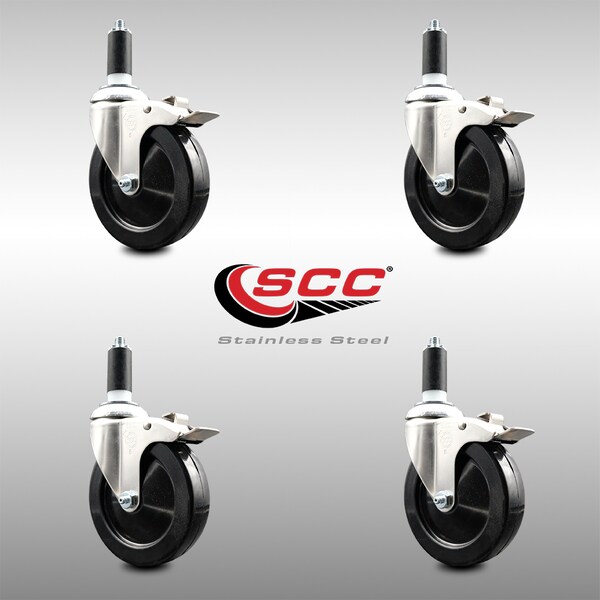 Service Caster 5 Inch 316SS Hard Rubber Wheel Swivel 1-3/8 Inch Stem Caster Set Lock Brake SCC SCC-SS316TTLEX20S514-HRS-138-4 - main